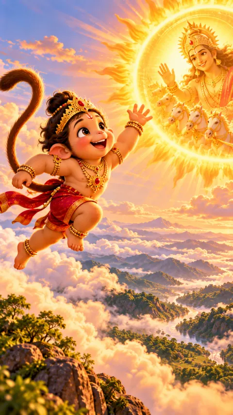 Baby Hanuman leaps through the clouds toward a glowing golden sun