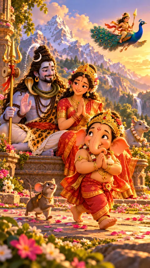 Ganesha folds his hands before Shiva and Parvati as Kartikeya flies off on his peacock