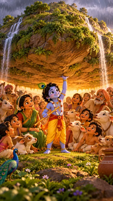 Krishna holds Govardhan Hill up on one finger as villagers and cows shelter beneath