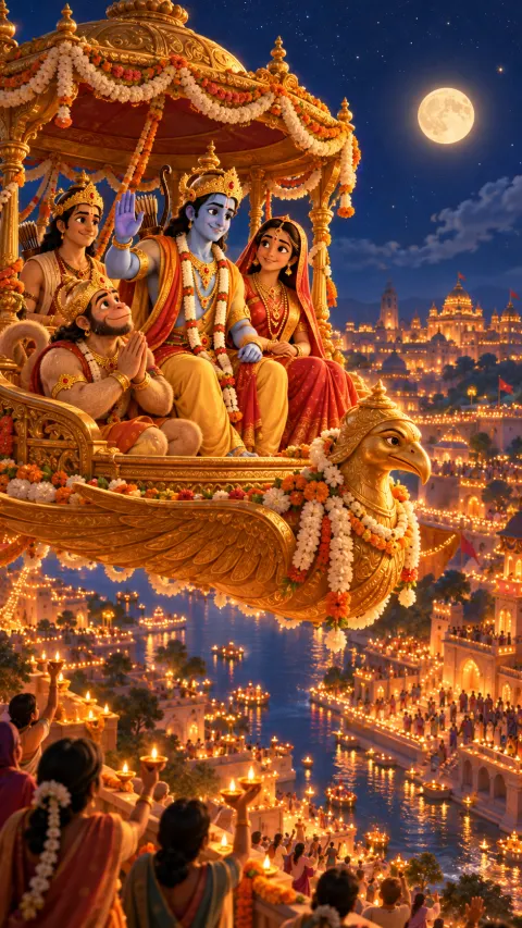 Rama and Sita ride home in the flower chariot as Ayodhya glows with lamps under the moon