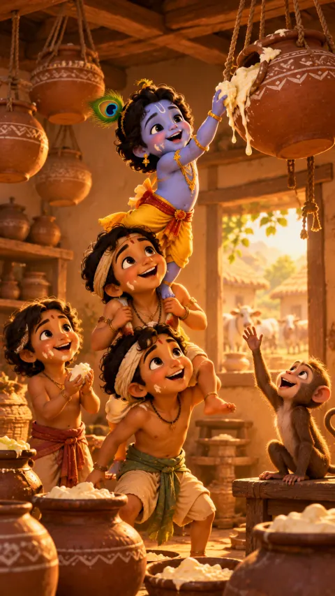Little Krishna reaches for a hanging pot of butter while his friends and a monkey help