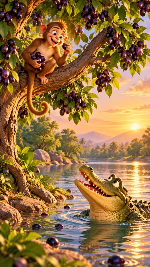 A monkey in a fruit tree smiles down at a crocodile in the river at sunset